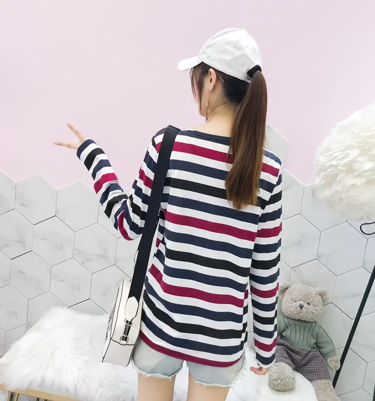 Women Long Sleeve Striped T-Shirt Green Blue Loose Fit Large — feature 48
