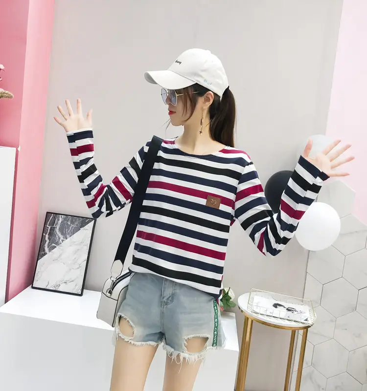 Women Long Sleeve Striped T-Shirt Green Blue Loose Fit Large — feature 49
