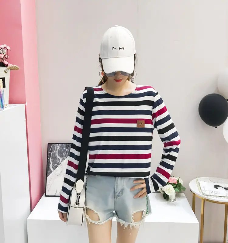 Women Long Sleeve Striped T-Shirt Green Blue Loose Fit Large — feature 50