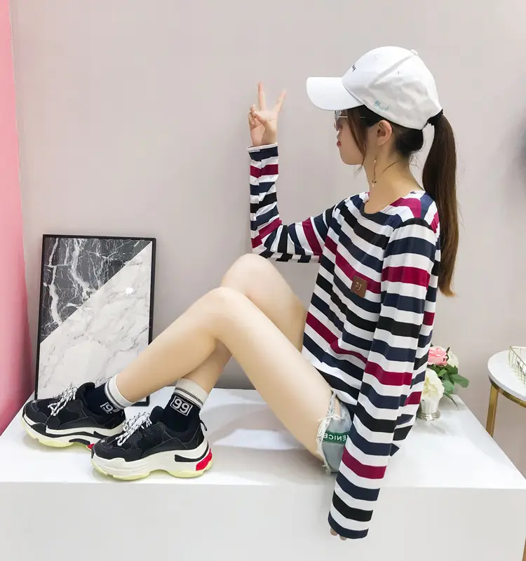 Women Long Sleeve Striped T-Shirt Green Blue Loose Fit Large — feature 51