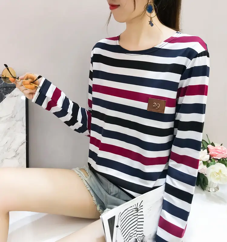 Women Long Sleeve Striped T-Shirt Green Blue Loose Fit Large — feature 52
