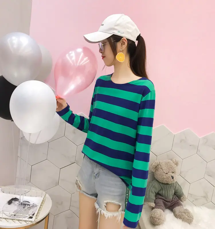 Women Long Sleeve Striped T-Shirt Green Blue Loose Fit Large — feature 6