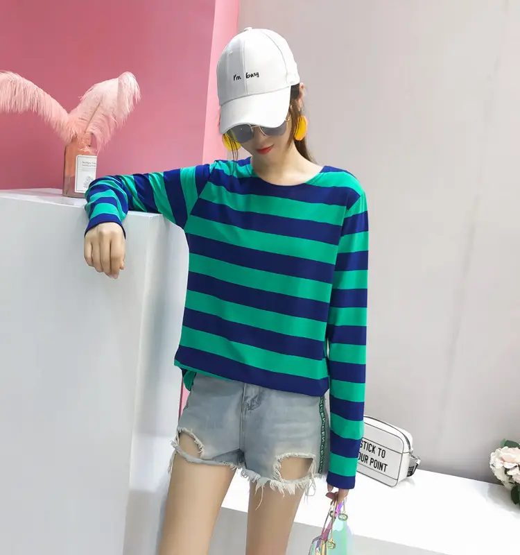 Women Long Sleeve Striped T-Shirt Green Blue Loose Fit Large — feature 8