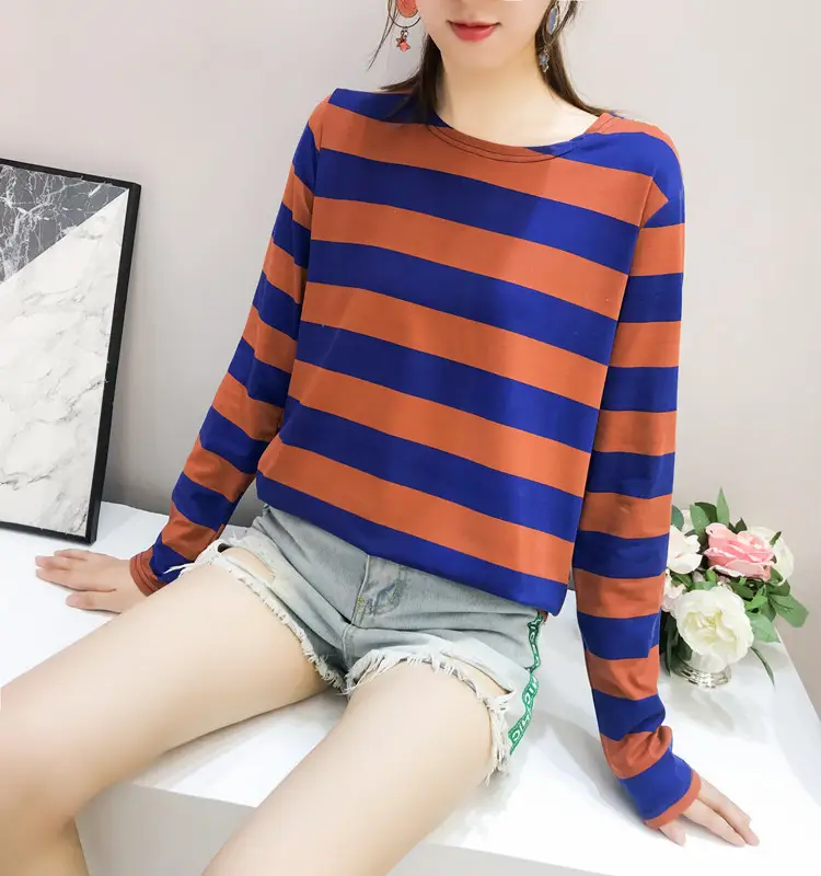 Women Long Sleeve Striped T-Shirt Green Blue Loose Fit Large - Image 3