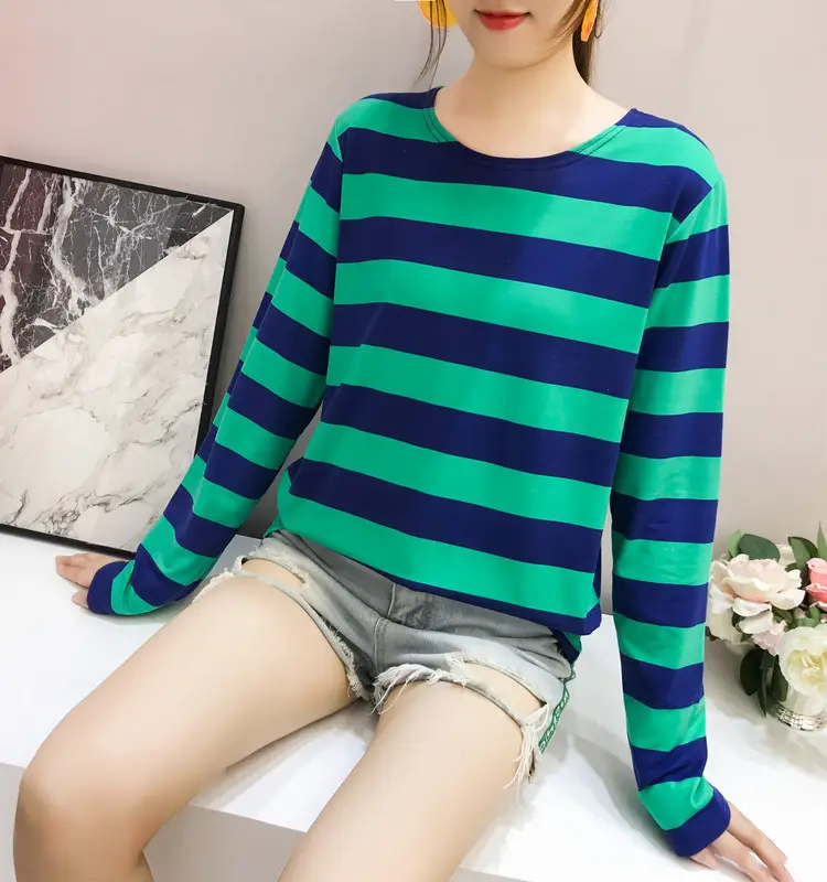 Women Long Sleeve Striped T-Shirt Green Blue Loose Fit Large - Image 4
