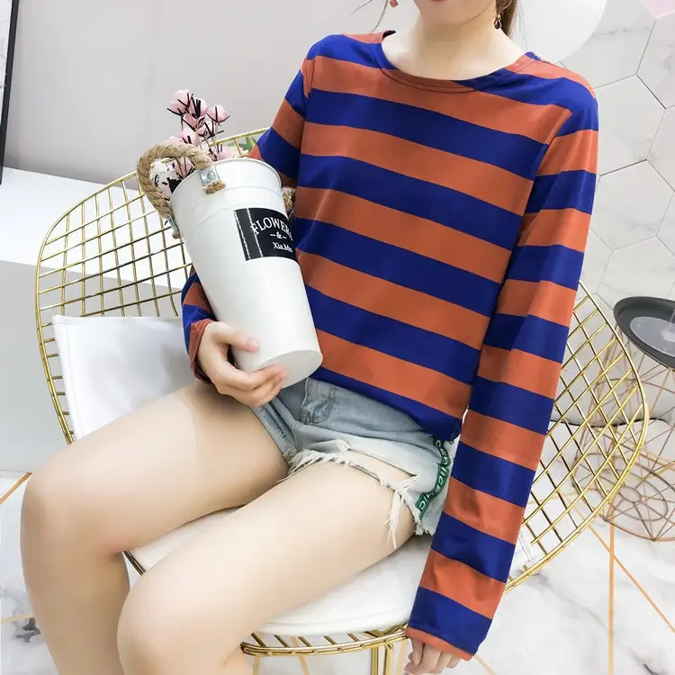Women Korean Striped Long Sleeve T-Shirt Loose Pullover - Image 5