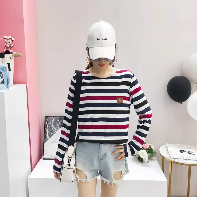 Women Korean Striped Long Sleeve T-Shirt Loose Pullover - Image 7