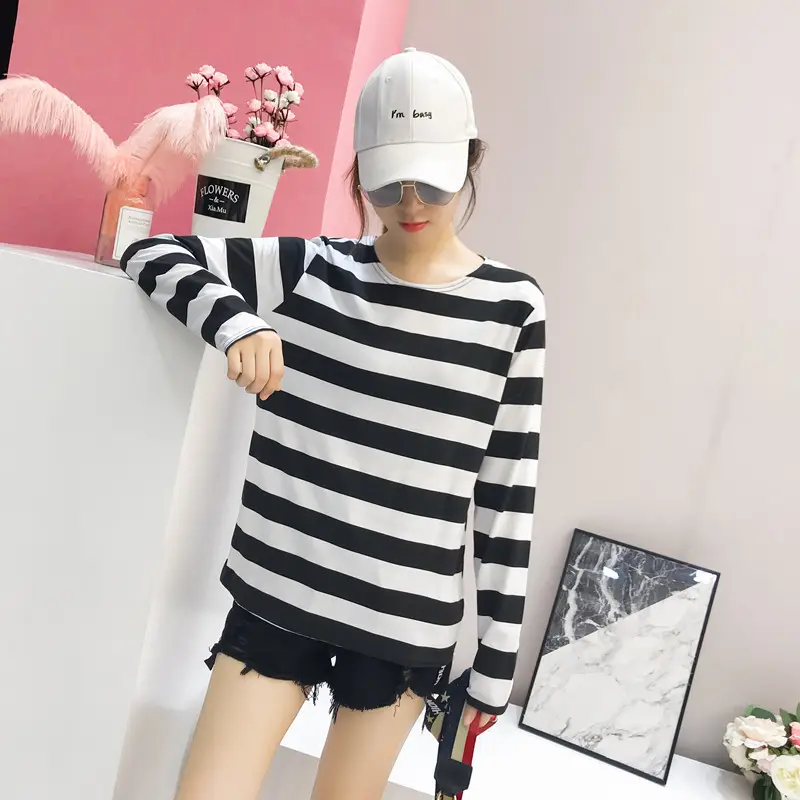 Women Korean Striped Long Sleeve T-Shirt Loose Pullover - Image 8