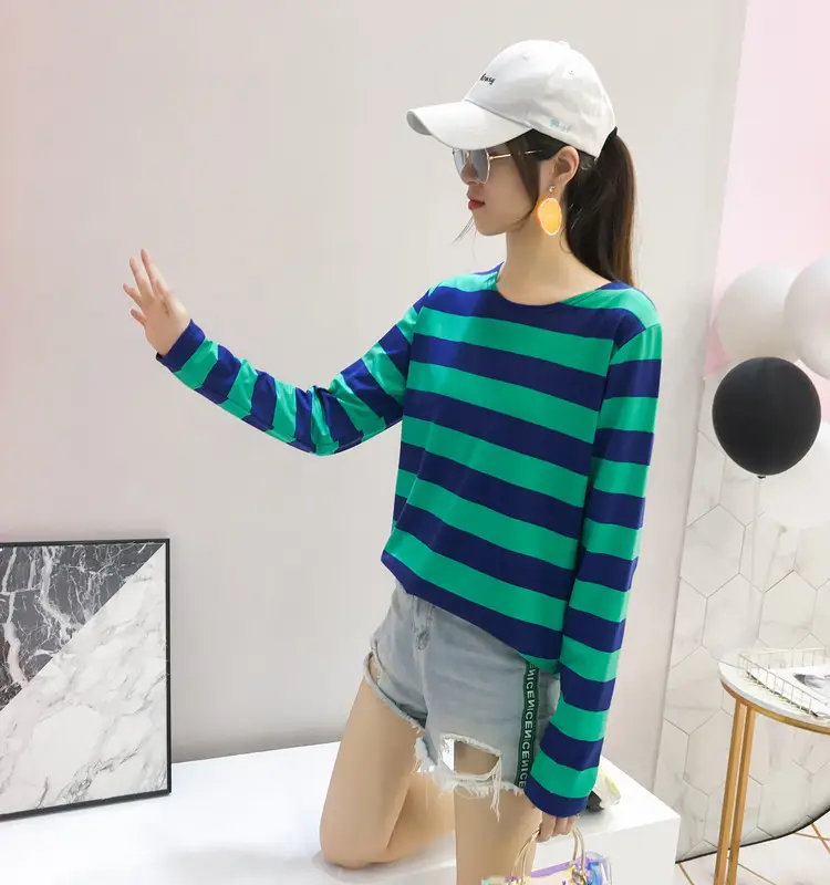 Women Korean Striped Long Sleeve T-Shirt Loose Pullover — feature 2