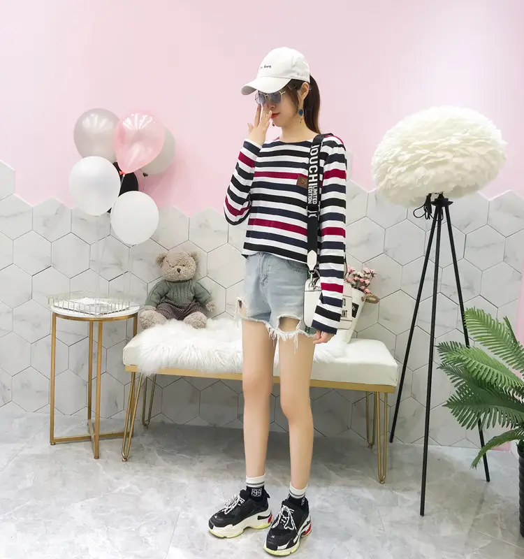Women Korean Striped Long Sleeve T-Shirt Loose Pullover — feature 43