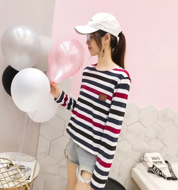 Women Korean Striped Long Sleeve T-Shirt Loose Pullover — feature 44