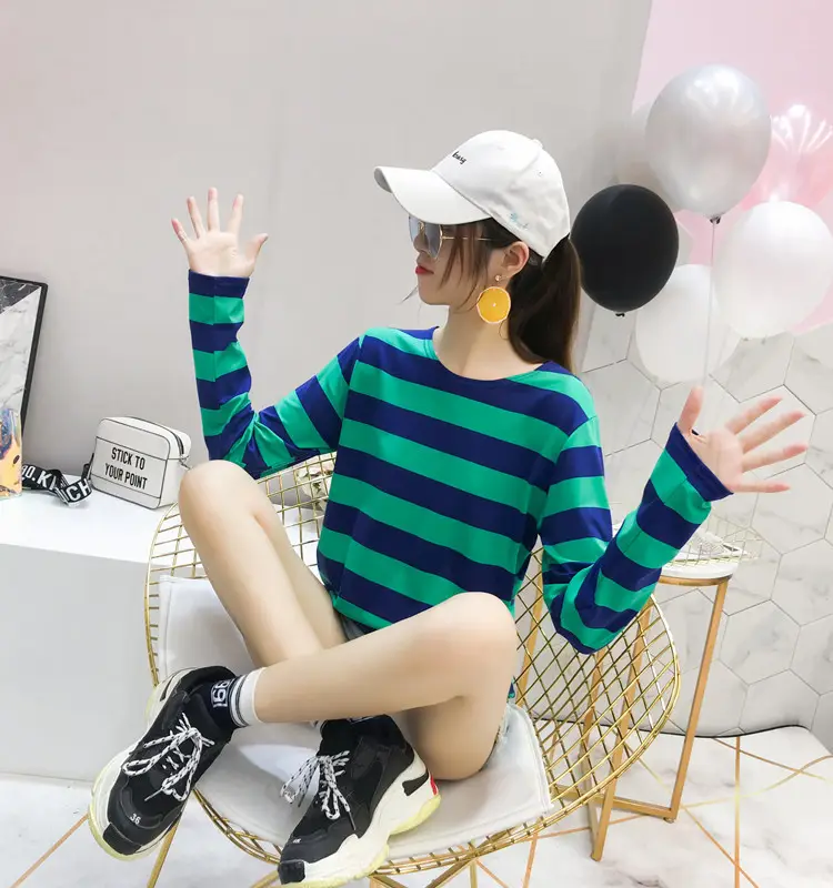 Women Korean Striped Long Sleeve T-Shirt Loose Pullover — feature 5