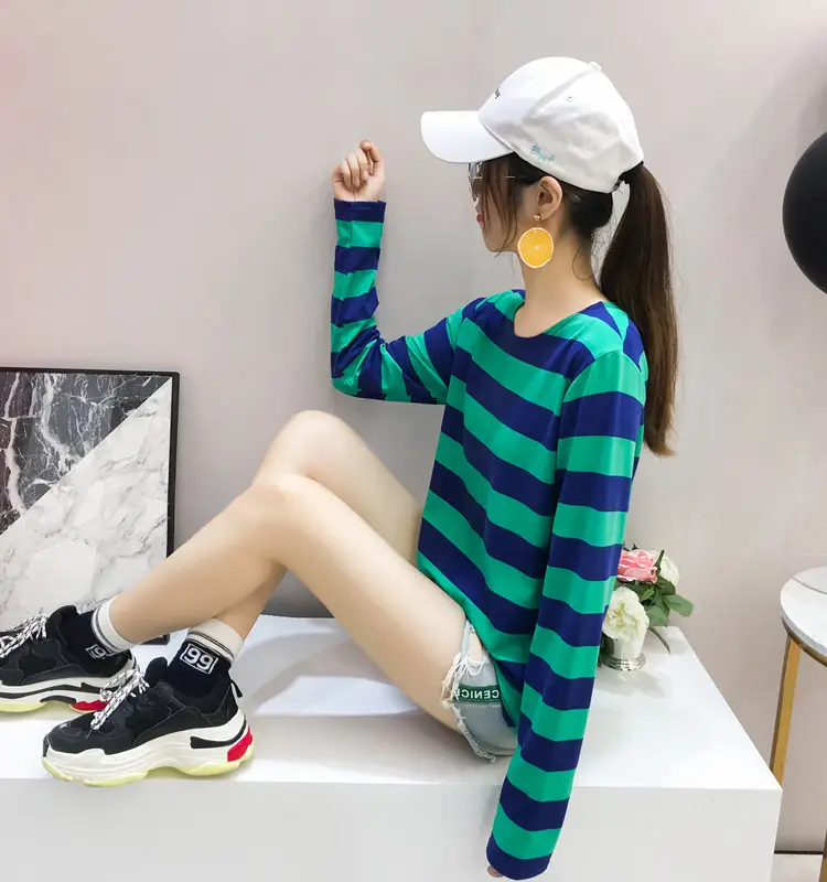 Women Korean Striped Long Sleeve T-Shirt Loose Pullover — feature 7