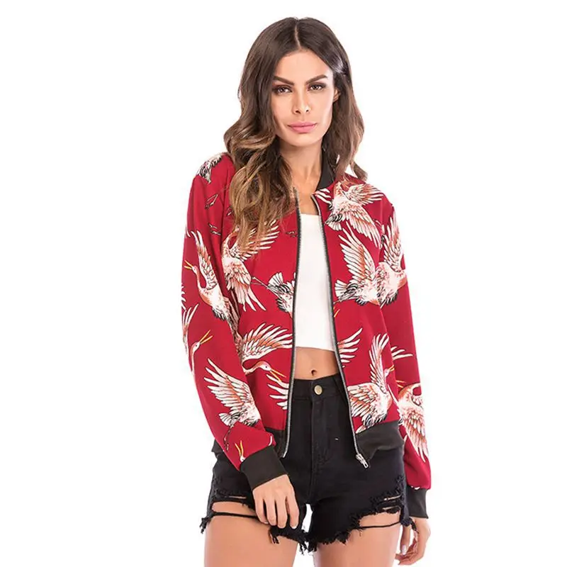Red Floral Long Sleeve Zipper Jacket for Women - Image 9