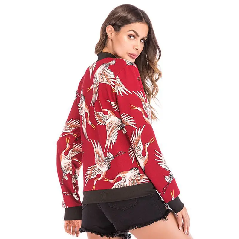 Red Floral Long Sleeve Zipper Jacket for Women - Image 11
