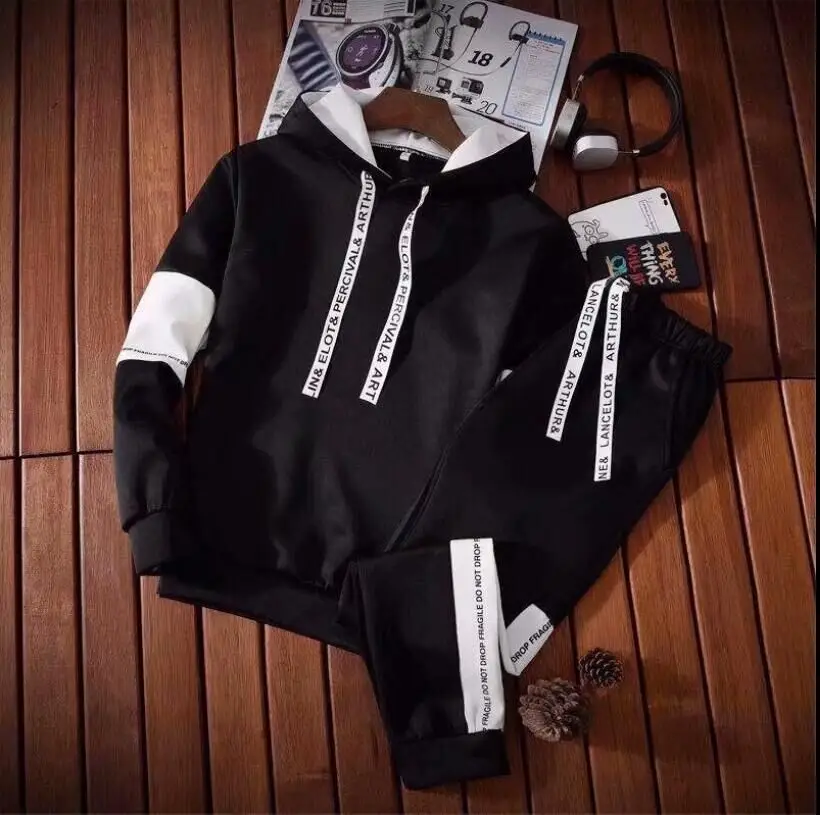 Men White Hooded Sweatshirt Set with Black Stripes - Image 4