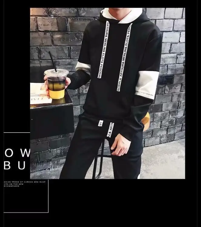 Men White Hooded Sweatshirt Set with Black Stripes - Image 5