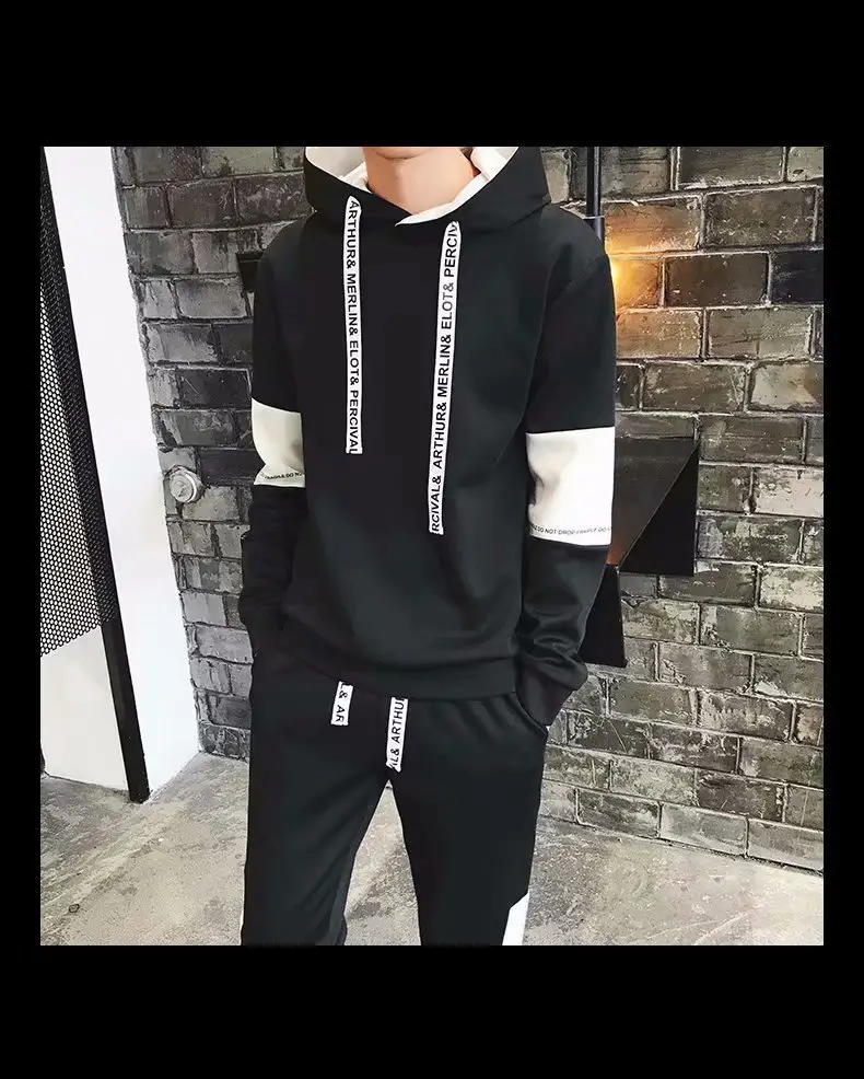 Men White Hooded Sweatshirt Set with Black Stripes - Image 6