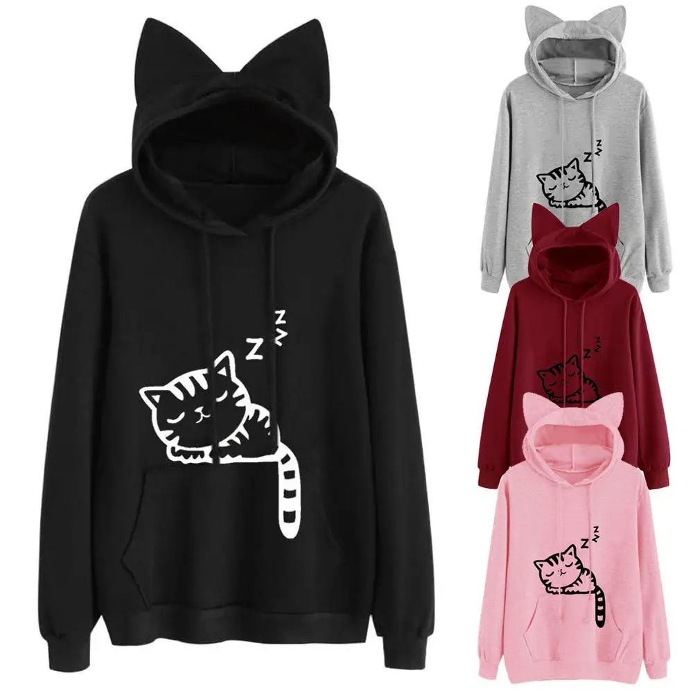 Pink Fleece Hoodie with Cat Print for Girls — feature 2