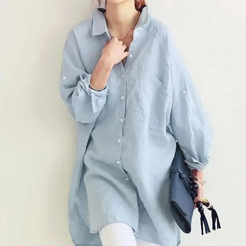 Women Linen Long Sleeve Shirt Light Blue Large - Image 4