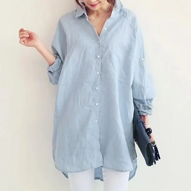 Women Linen Long Sleeve Shirt Light Blue Large - Image 6