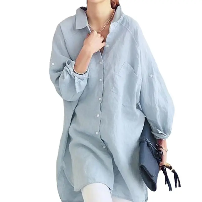 Women Linen Long Sleeve Shirt Light Blue Large - Image 7