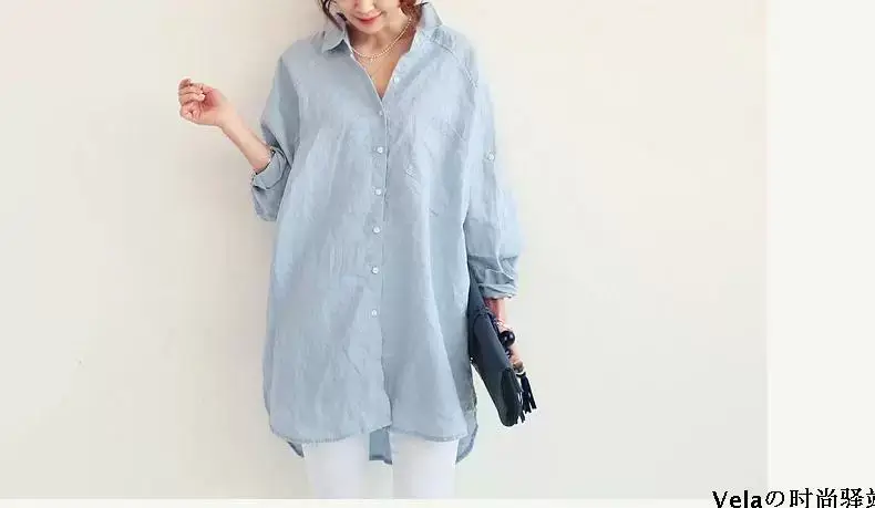 Women Linen Long Sleeve Shirt Light Blue Large — feature 10