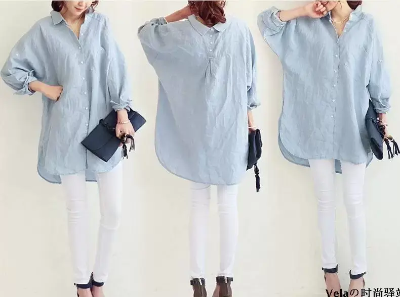 Women Linen Long Sleeve Shirt Light Blue Large — feature 13
