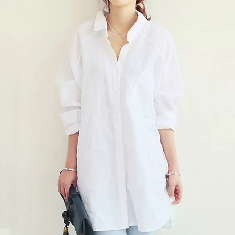 Women Linen Long Sleeve Shirt Light Blue Large - Image 2