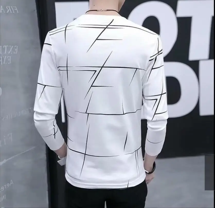 Men's Black White Grid Long Sleeve T-Shirt Slim Fit - Image 8