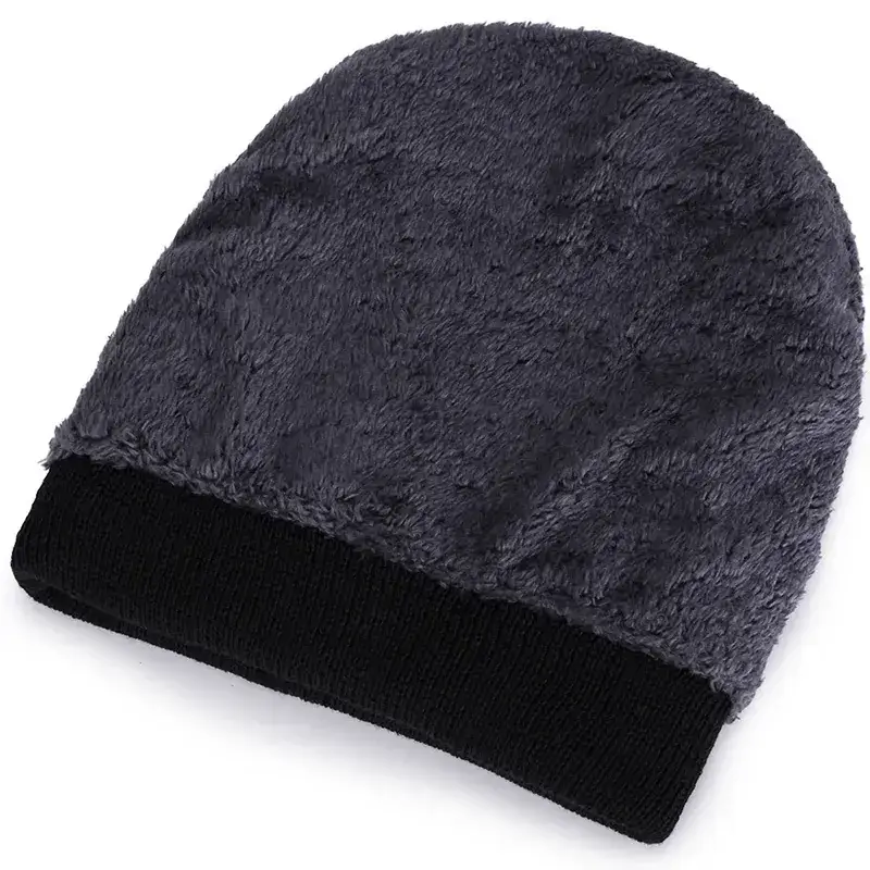 Men Woolen Knitted Beanie Winter Warm Fur Lined Black - Image 4