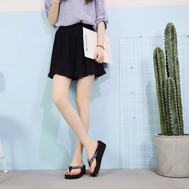 Women Floral Wedge Flip Flops Black Summer