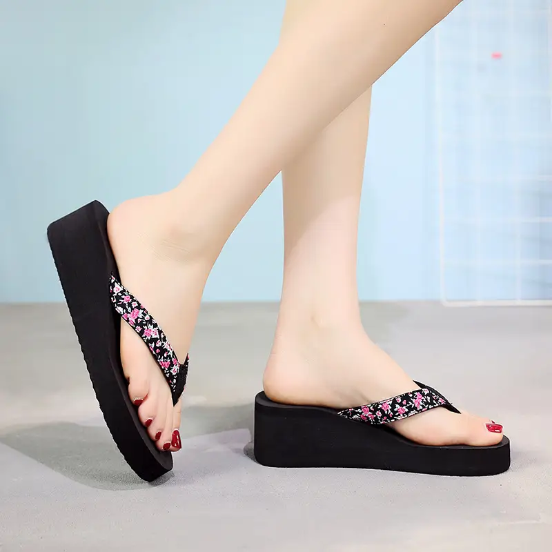 Women Floral Wedge Flip Flops Black Summer