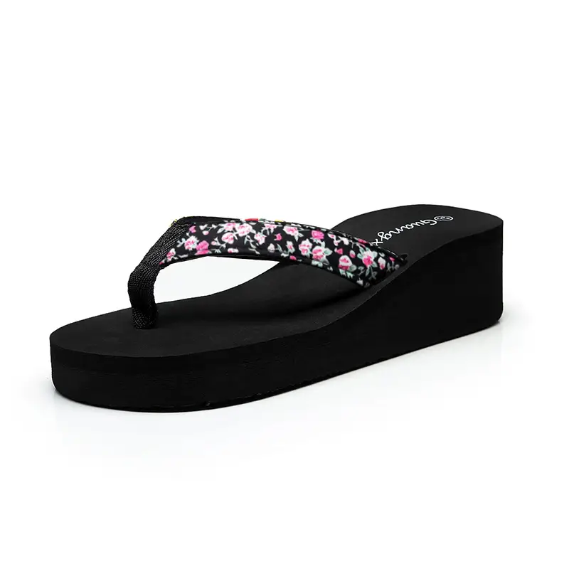Women Floral Wedge Flip Flops Black Summer