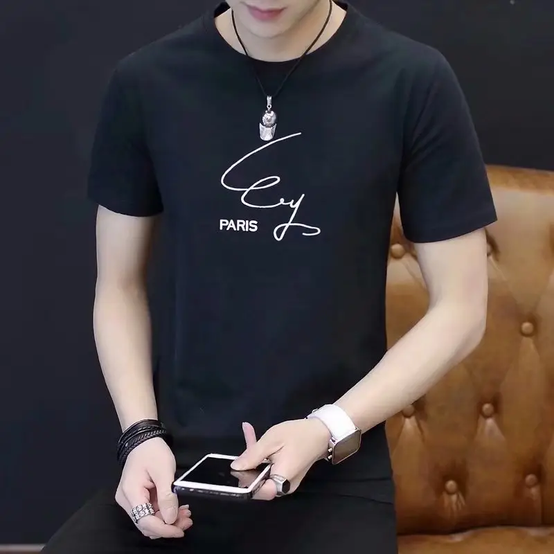 Men Black Signature Print T-Shirt Short Sleeve Korean Fashion - Image 4