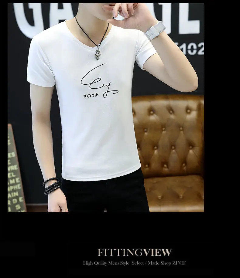 Men Black Signature Print T-Shirt Short Sleeve Korean Fashion - Image 5