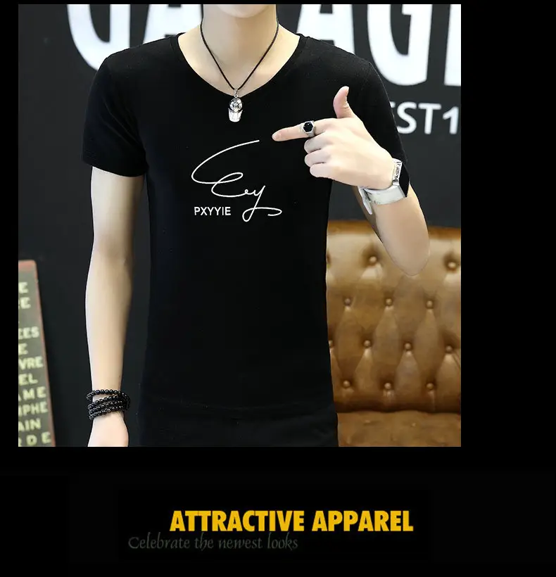 Men Black Signature Print T-Shirt Short Sleeve Korean Fashion - Image 6
