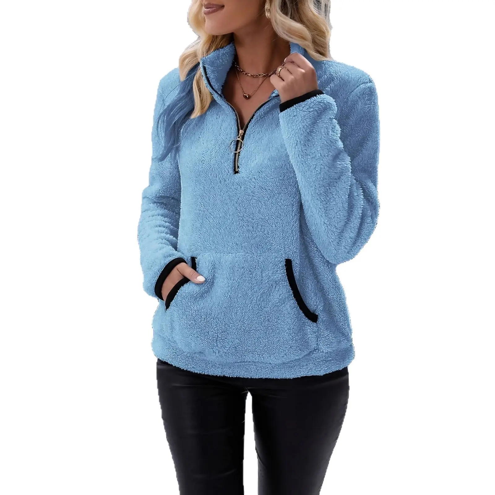 Women's Blue Plush Zipper Sweatshirt Long Collar Winter - Image 16