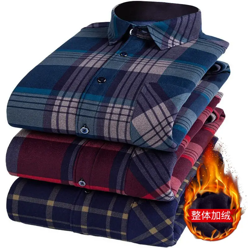 Men Fleece Lined Checkered Shirt Blue White Winter Warm