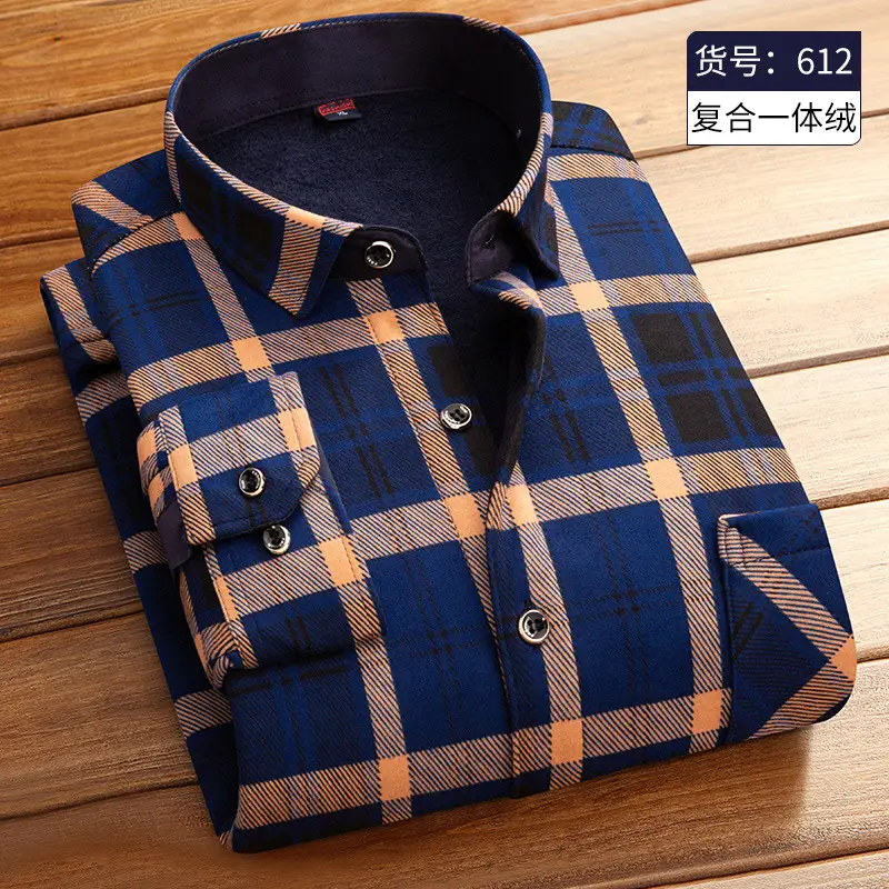 Men Fleece Lined Checkered Shirt Blue White Winter Warm