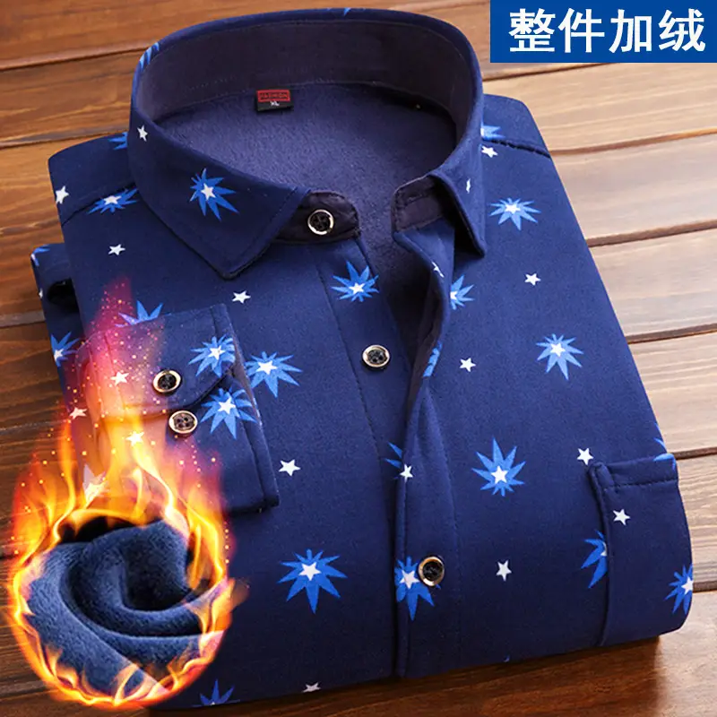 Men Fleece Lined Checkered Shirt Blue White Winter Warm