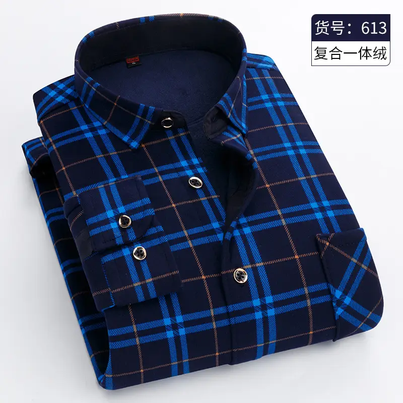 Men Fleece Lined Checkered Shirt Blue White Winter Warm