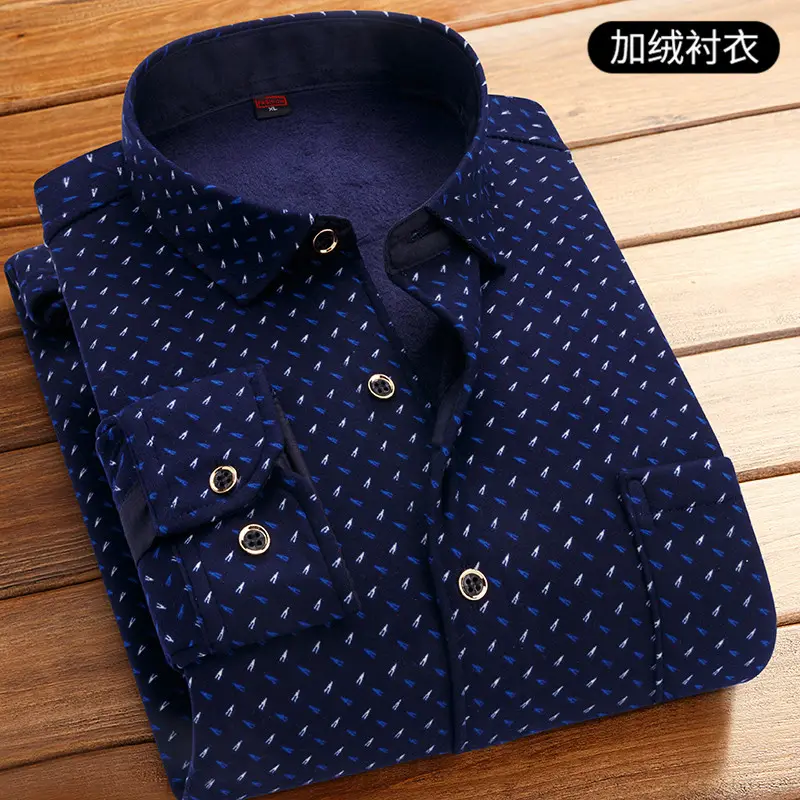 Men Fleece Lined Checkered Shirt Blue White Winter Warm
