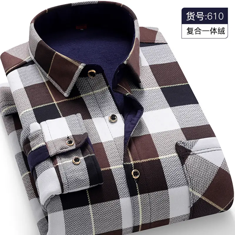 Men Fleece Lined Checkered Shirt Blue White Winter Warm