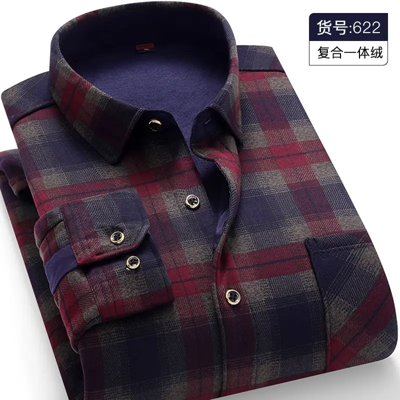 Men Fleece Lined Checkered Shirt Blue White Winter Warm