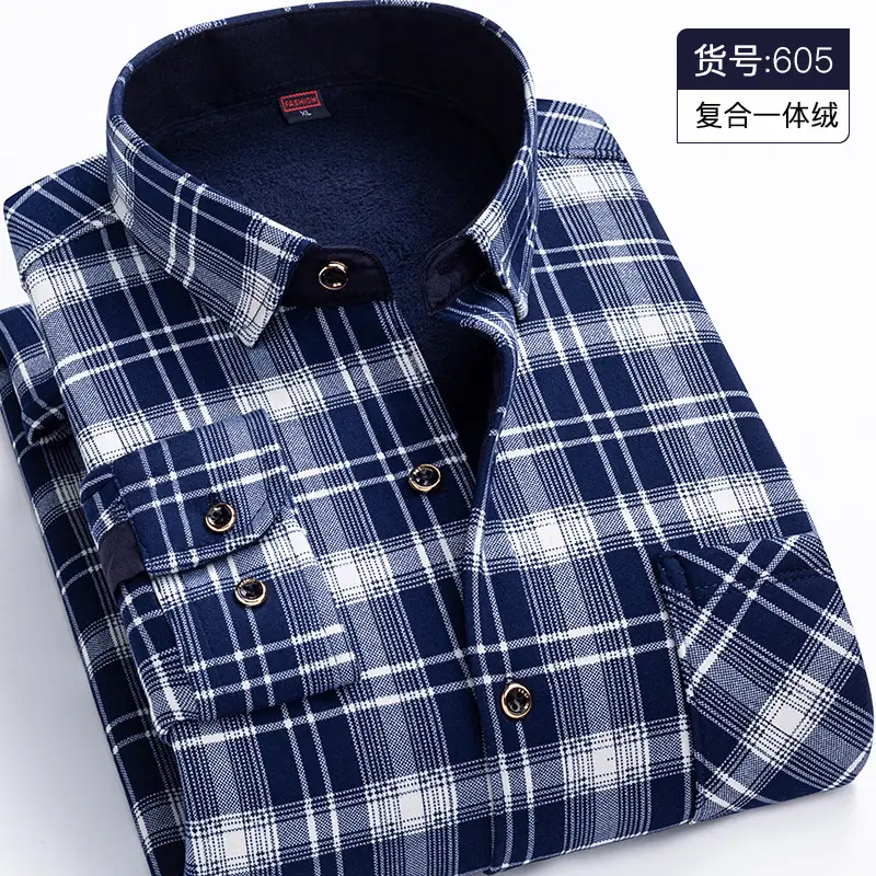 Men Fleece Lined Checkered Shirt Blue White Winter Warm