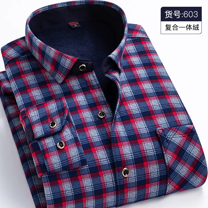 Men Fleece Lined Checkered Shirt Blue White Winter Warm