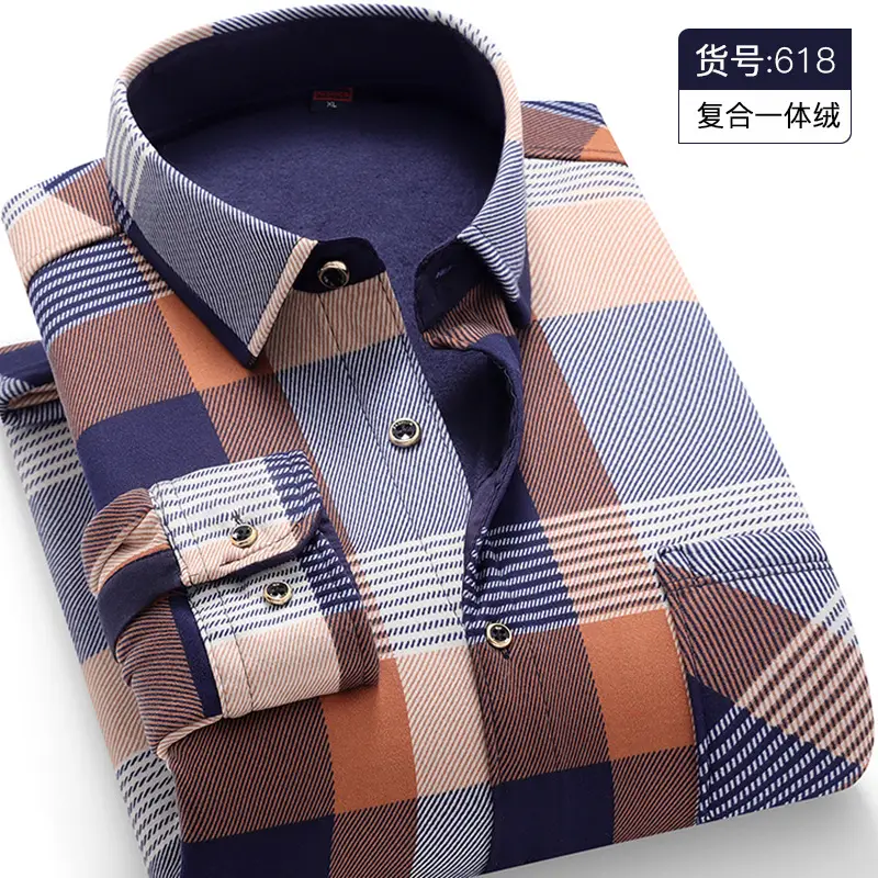 Men Fleece Lined Checkered Shirt Blue White Winter Warm