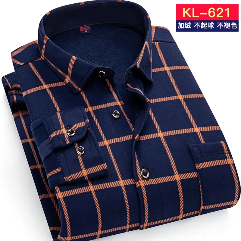 Men Fleece Lined Checkered Shirt Blue White Winter Warm