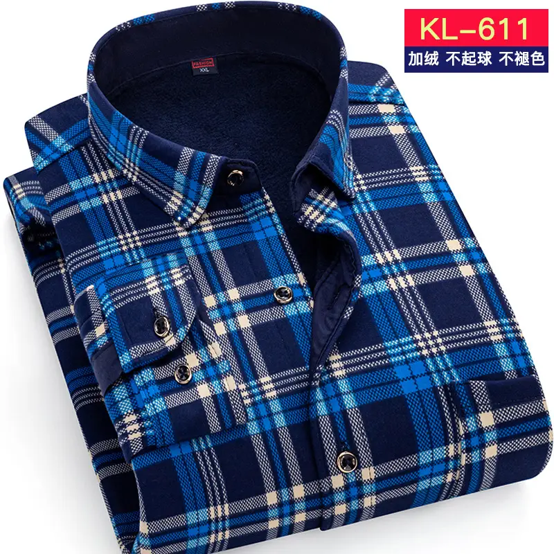 Men Fleece Lined Checkered Shirt Blue White Winter Warm